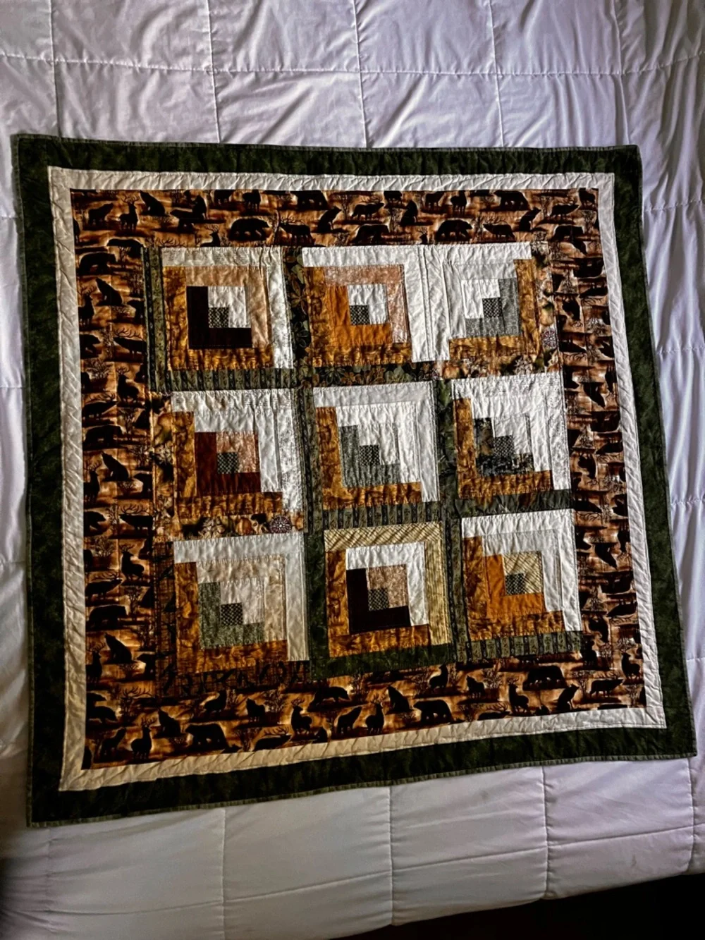 Handmade Rustic Patchwork Log Cabin Quilt Throw 45”x44”- Brown, Cream & Green